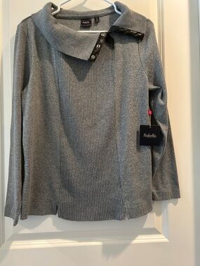 Rafaella  Ribbed Faux Funnel Neck Knit Sweater Detail faux leather trim size L